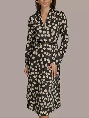 Donna Karan Black Dress with Cream Spot Print — Long Sleeve Midi